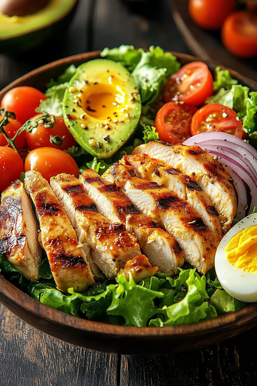 A delicious Paleo Grilled Chicken Cobb Salad featuring sliced grilled chicken, avocado, cherry tomatoes, red onion rings, hard-boiled eggs, and mixed greens in a dark bowl.