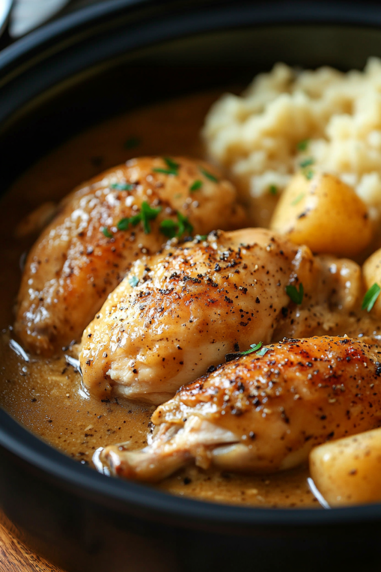 A slow cooker filled with succulent chicken breasts in a rich and creamy gravy, garnished with fresh thyme, served alongside mashed potatoes.