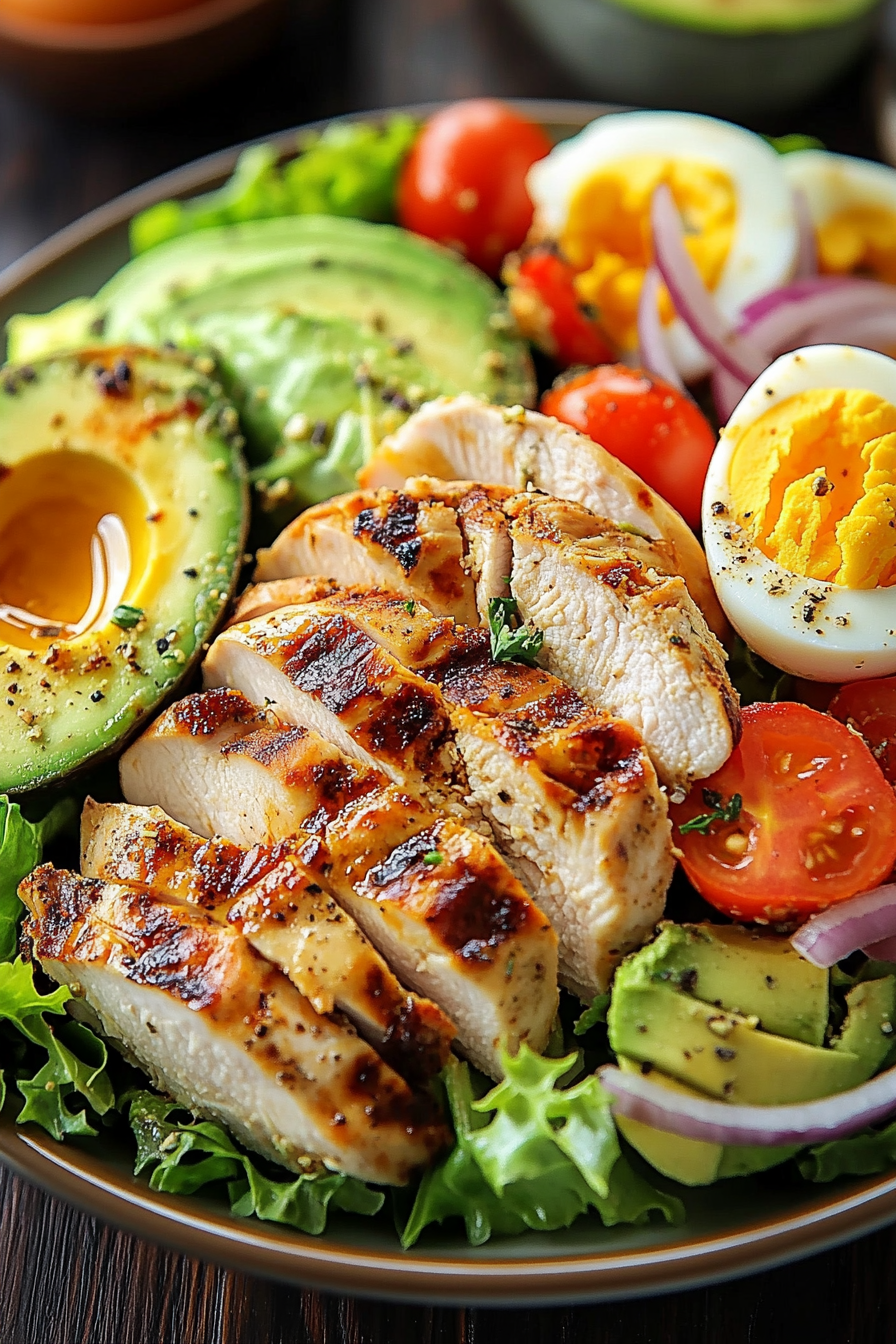 A delicious Paleo Grilled Chicken Cobb Salad featuring sliced grilled chicken, avocado, cherry tomatoes, red onion rings, hard-boiled eggs, and mixed greens in a dark bowl.