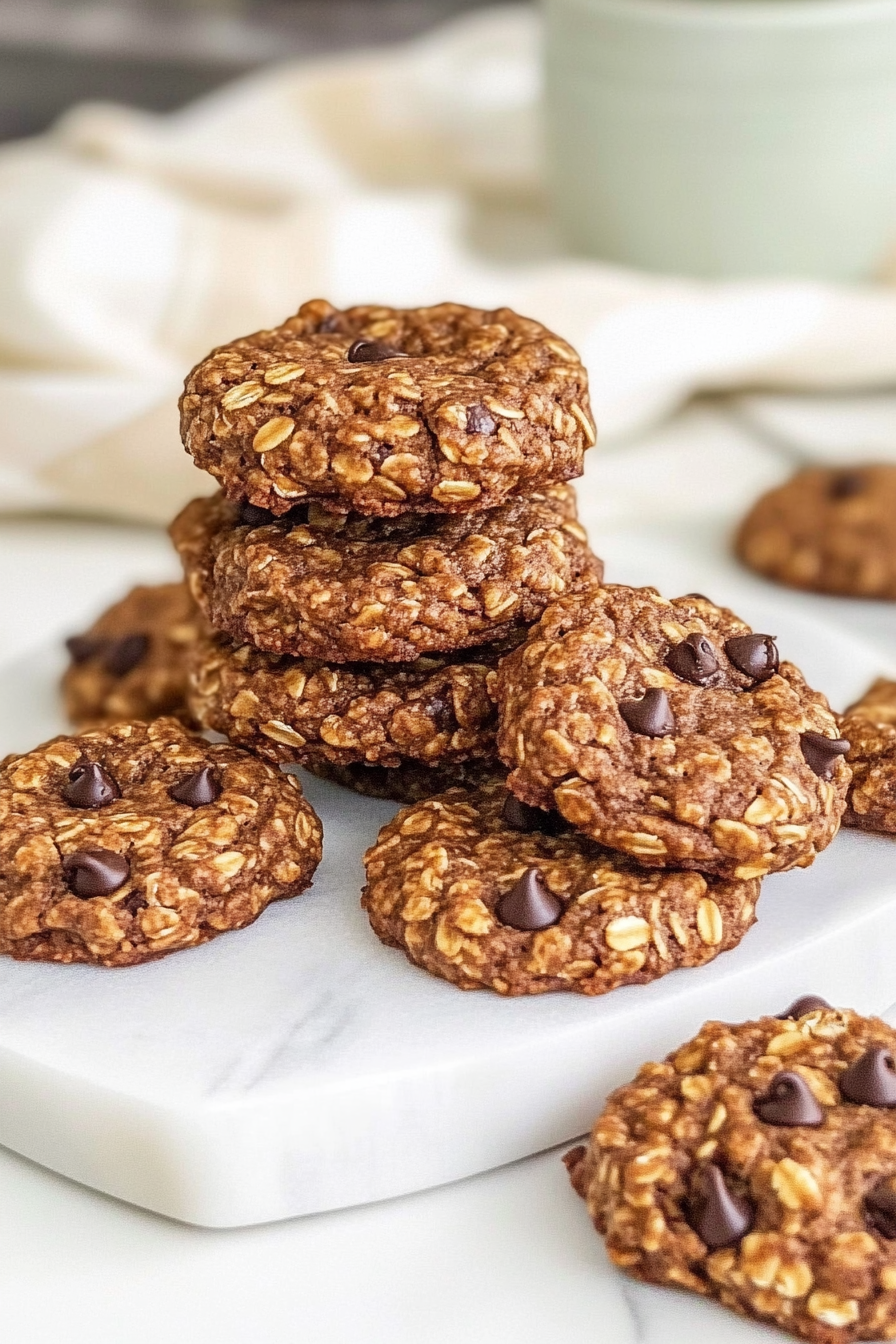 A stack of freshly baked Heavenly Healthful Oatmeal Peanut Butter Cookies, with rich dark chocolate chips prominently displayed, nestled among scattered chocolate chips on a light surface.