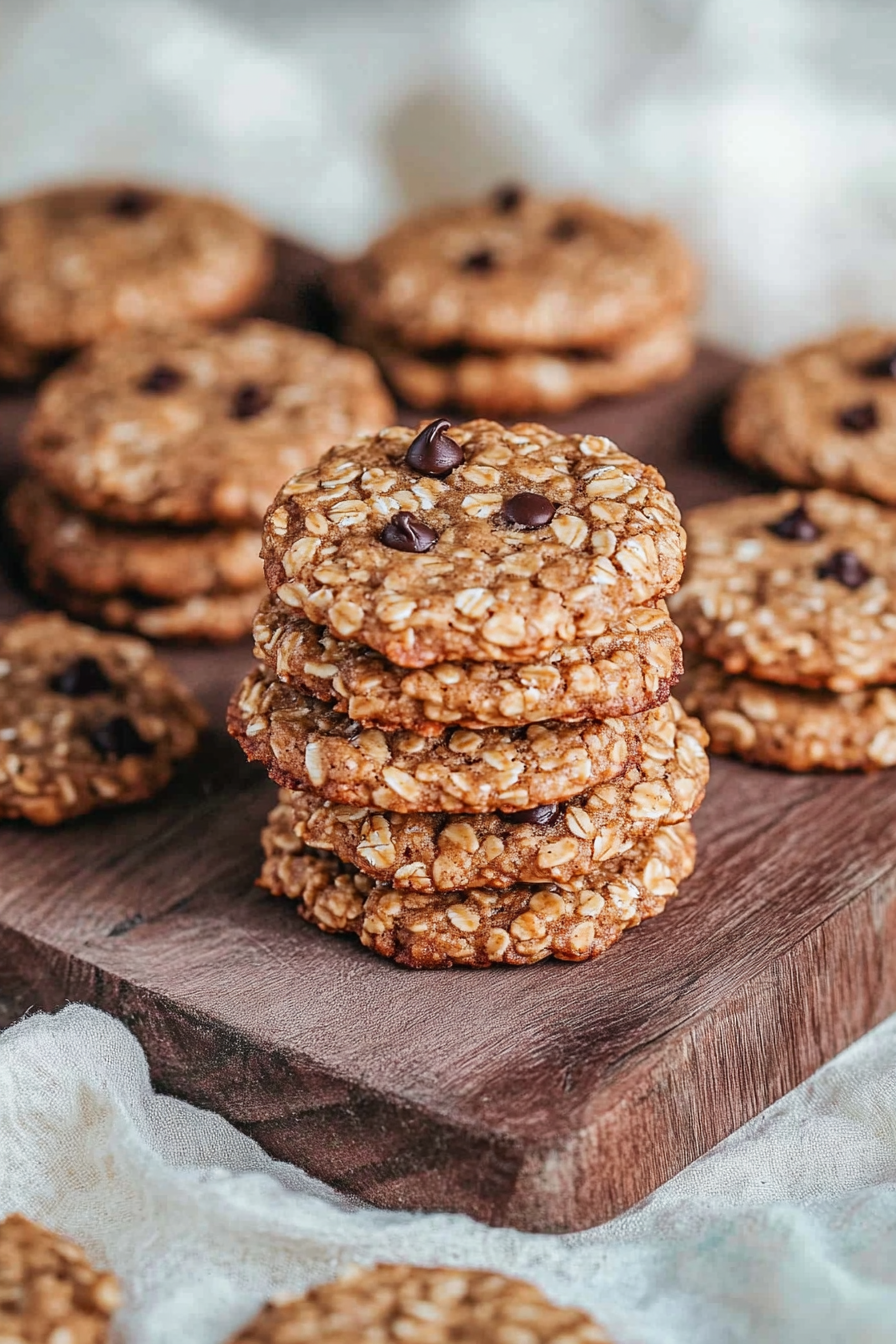 A stack of freshly baked Heavenly Healthful Oatmeal Peanut Butter Cookies, with rich dark chocolate chips prominently displayed, nestled among scattered chocolate chips on a light surface.