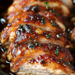 Crockpot Brown Sugar Balsamic Glazed Pork Tenderloin sliced and served, showcasing a caramelized glaze and garnished with fresh herbs.