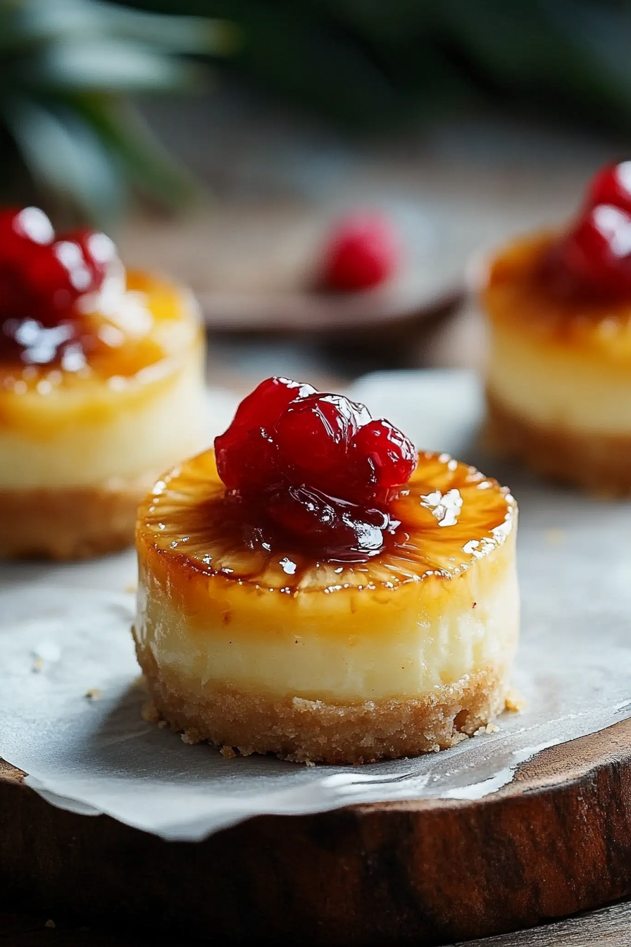 Mini Pineapple Upside-Down Cheesecakes with caramel drizzle, a cherry on top, and a dusting of powdered sugar on a gray surface.