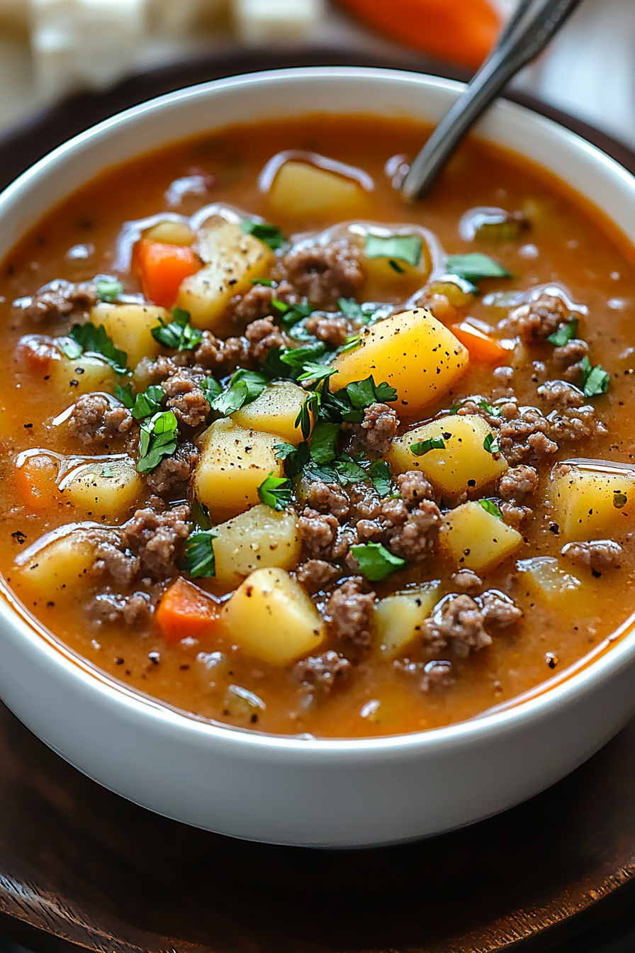 Enjoy a comforting bowl of Crock Pot Hamburger Potato Soup, featuring ground beef, creamy potatoes, and rich broth. Easy to prepare and perfect for any family dinner!