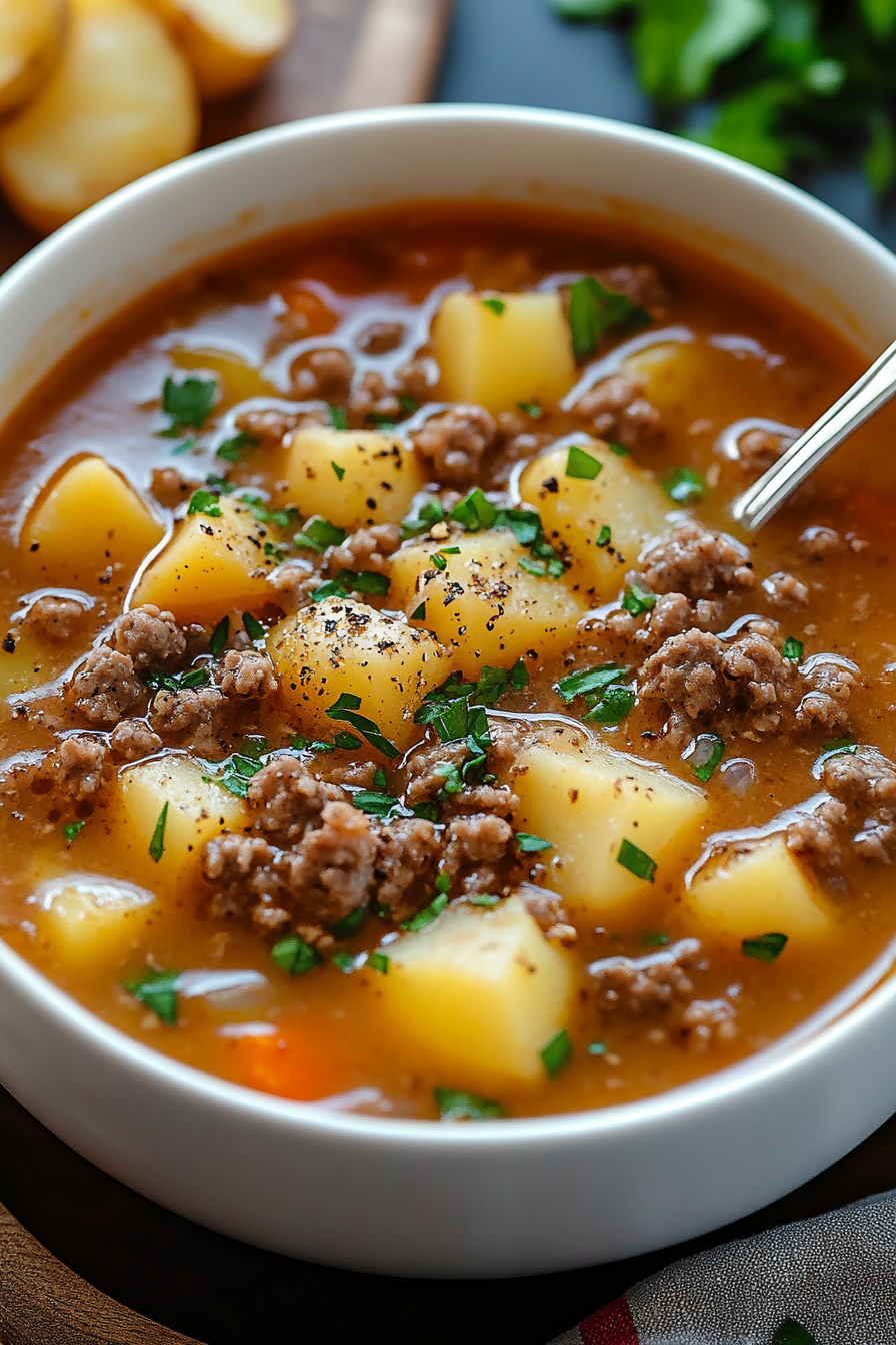 Enjoy a comforting bowl of Crock Pot Hamburger Potato Soup, featuring ground beef, creamy potatoes, and rich broth. Easy to prepare and perfect for any family dinner!