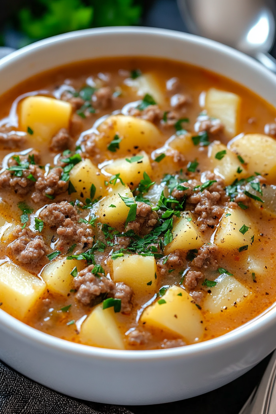 Enjoy a comforting bowl of Crock Pot Hamburger Potato Soup, featuring ground beef, creamy potatoes, and rich broth. Easy to prepare and perfect for any family dinner!