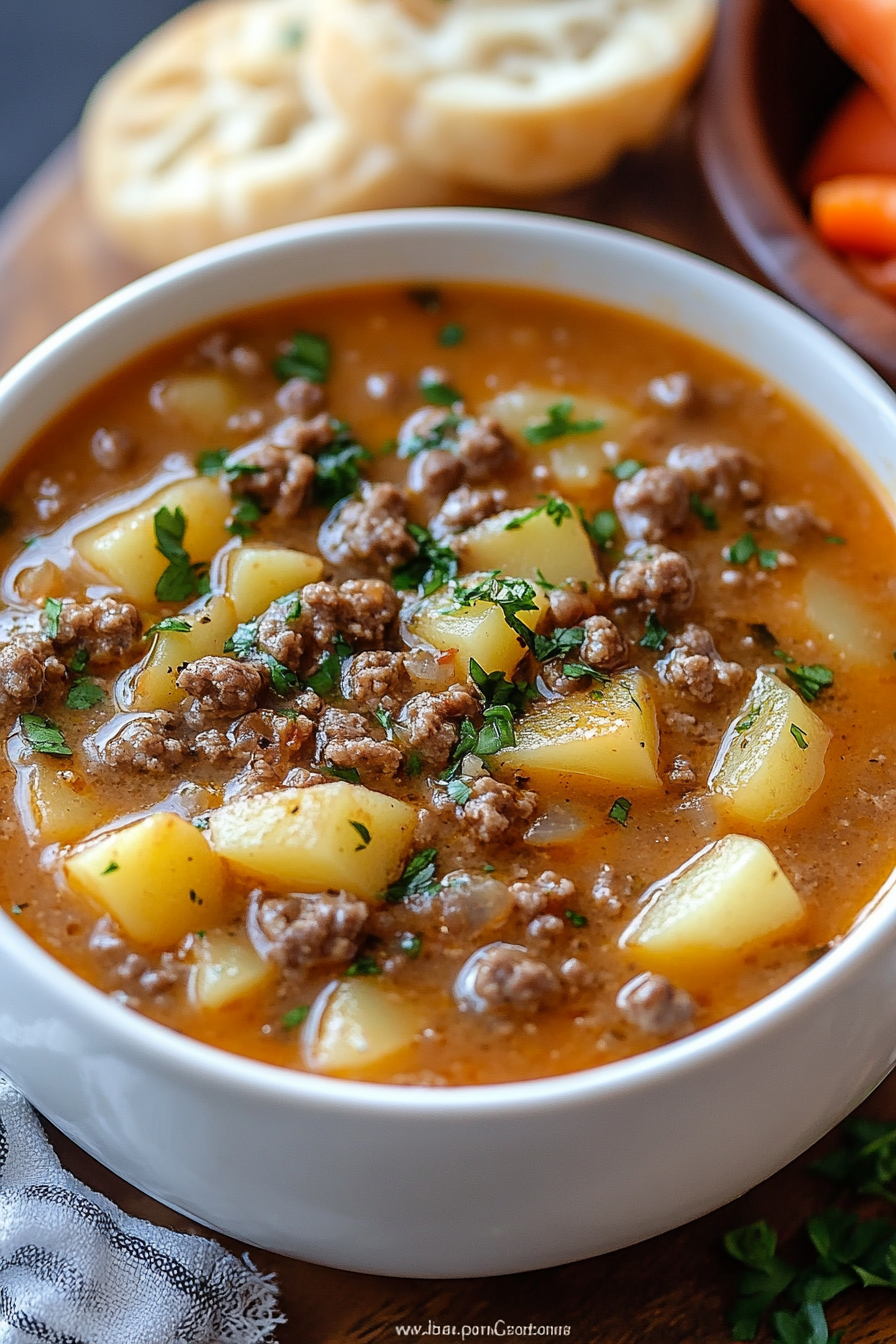 Enjoy a comforting bowl of Crock Pot Hamburger Potato Soup, featuring ground beef, creamy potatoes, and rich broth. Easy to prepare and perfect for any family dinner!