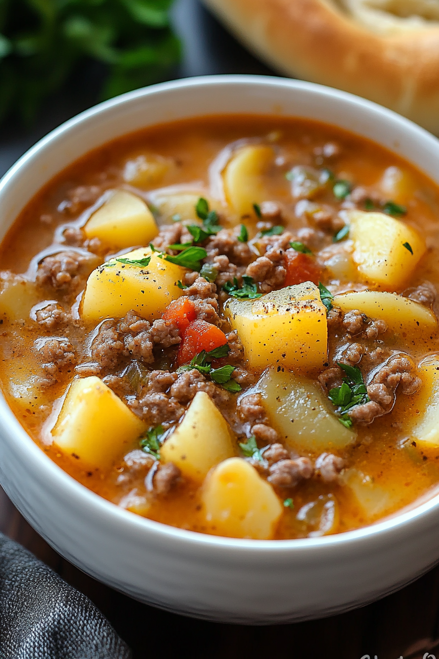 Enjoy a comforting bowl of Crock Pot Hamburger Potato Soup, featuring ground beef, creamy potatoes, and rich broth. Easy to prepare and perfect for any family dinner!