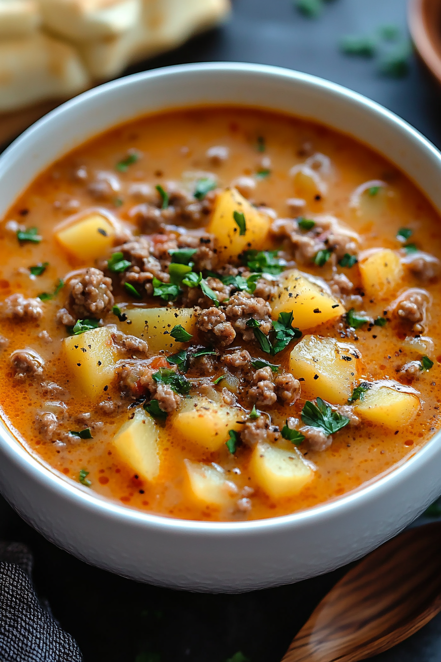 Enjoy a comforting bowl of Crock Pot Hamburger Potato Soup, featuring ground beef, creamy potatoes, and rich broth. Easy to prepare and perfect for any family dinner!