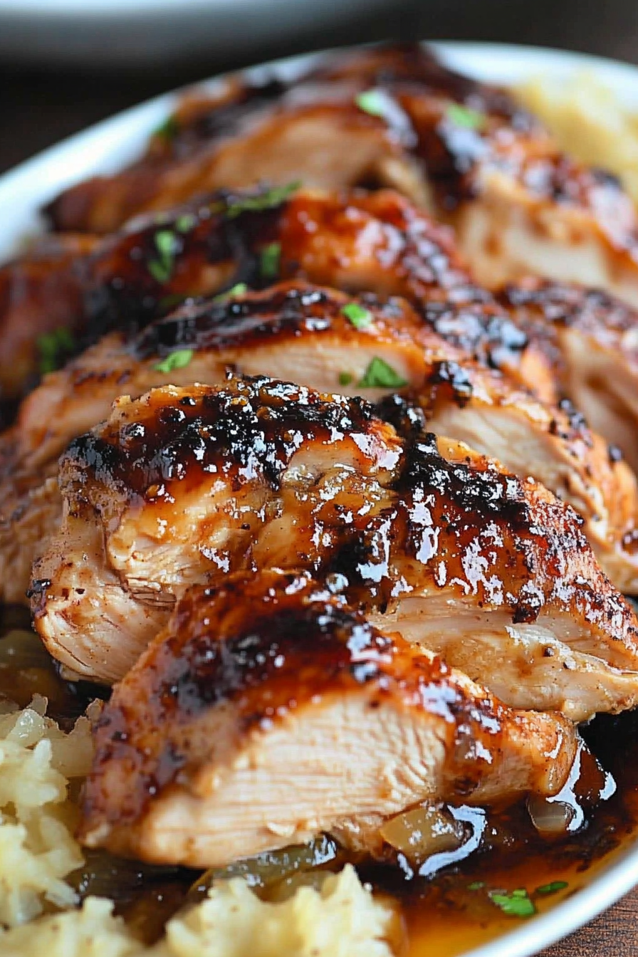 This image displays a Crockpot Brown Sugar Balsamic Glazed Pork Tenderloin, beautifully caramelized and sliced, served over mashed potatoes. The glaze is glossy and rich, enhancing the tender meat's appeal. Fresh herbs sprinkle the top, adding a fresh visual and flavor contrast.