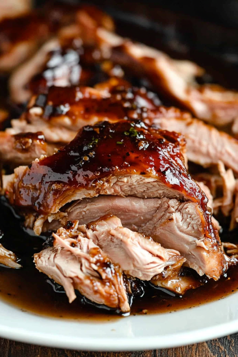 Crockpot Brown Sugar Balsamic Glazed Pork Tenderloin sliced and served, showcasing a caramelized glaze and garnished with fresh herbs.