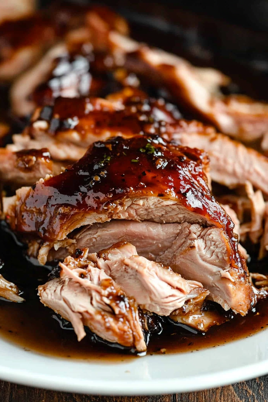 Crockpot Brown Sugar Balsamic Glazed Pork Tenderloin sliced and served, showcasing a caramelized glaze and garnished with fresh herbs.