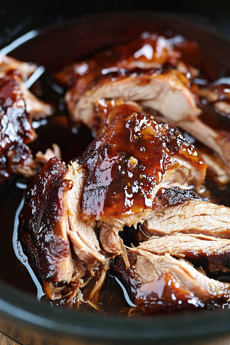 This image displays a Crockpot Brown Sugar Balsamic Glazed Pork Tenderloin, beautifully caramelized and sliced, served over mashed potatoes. The glaze is glossy and rich, enhancing the tender meat's appeal. Fresh herbs sprinkle the top, adding a fresh visual and flavor contrast.