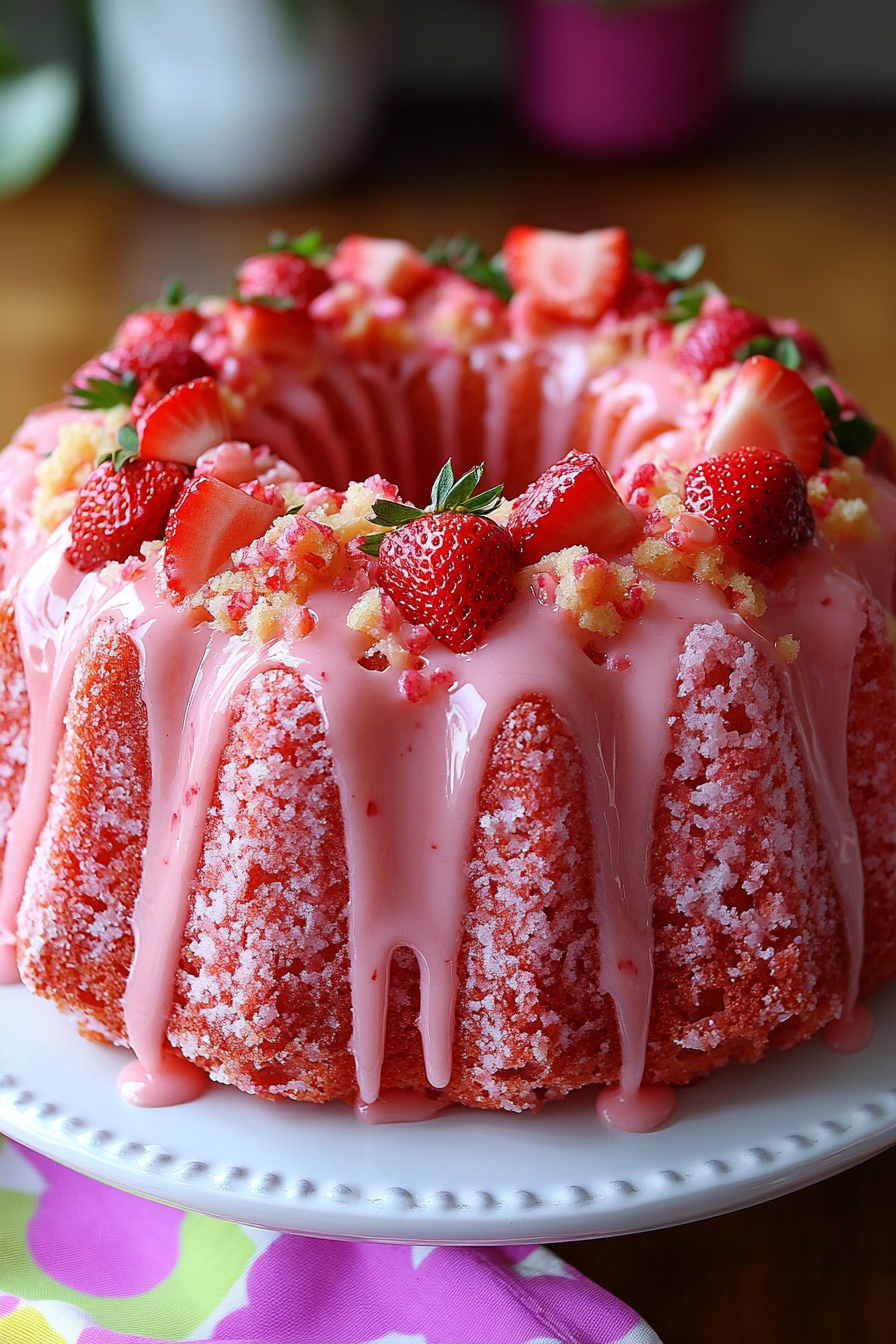 Easy Strawberry Pound Cake topped with a white glaze and fresh strawberries, served on a white platter with a colorful napkin