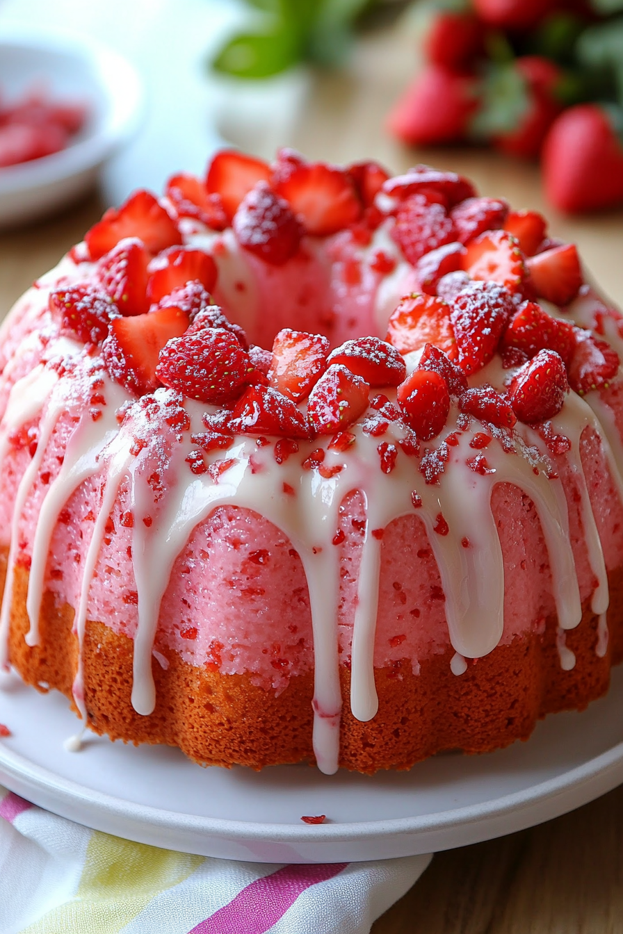 Easy Strawberry Pound Cake topped with a white glaze and fresh strawberries, served on a white platter with a colorful napkin