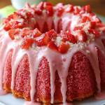 Easy Strawberry Pound Cake topped with a white glaze and fresh strawberries, served on a white platter with a colorful napkin