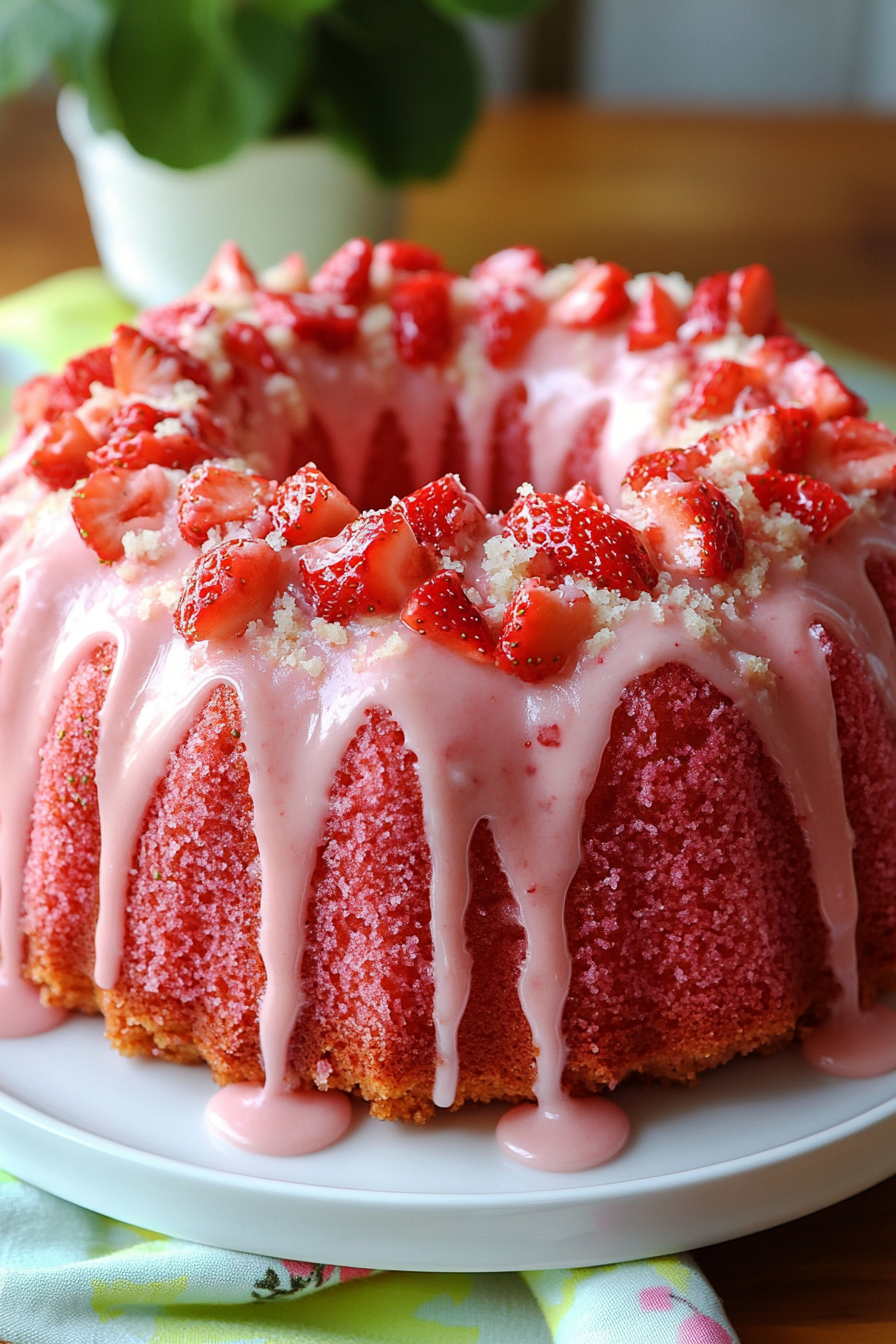 Easy Strawberry Pound Cake topped with a white glaze and fresh strawberries, served on a white platter with a colorful napkin