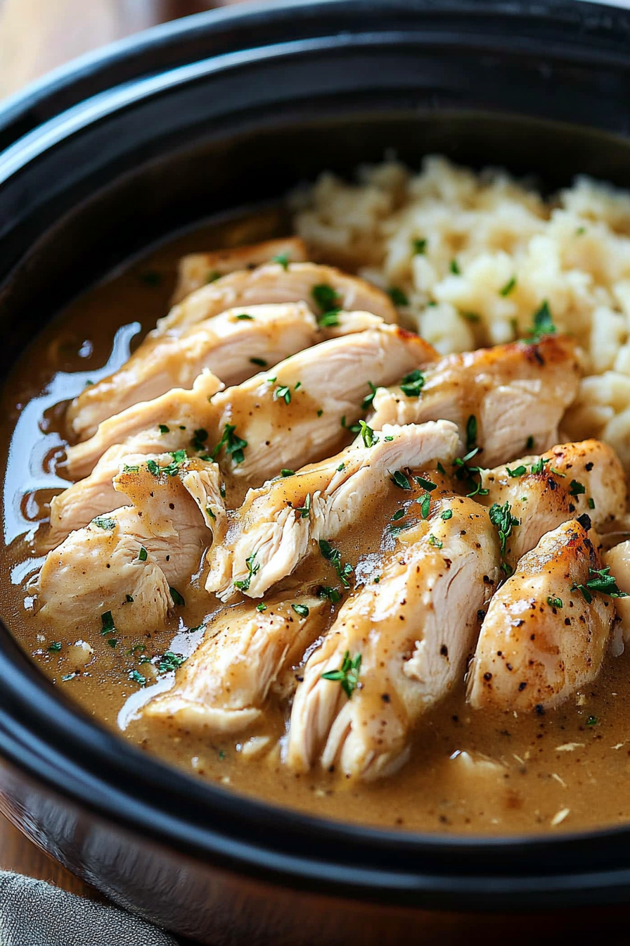 A slow cooker filled with succulent chicken breasts in a rich and creamy gravy, garnished with fresh thyme, served alongside mashed potatoes.