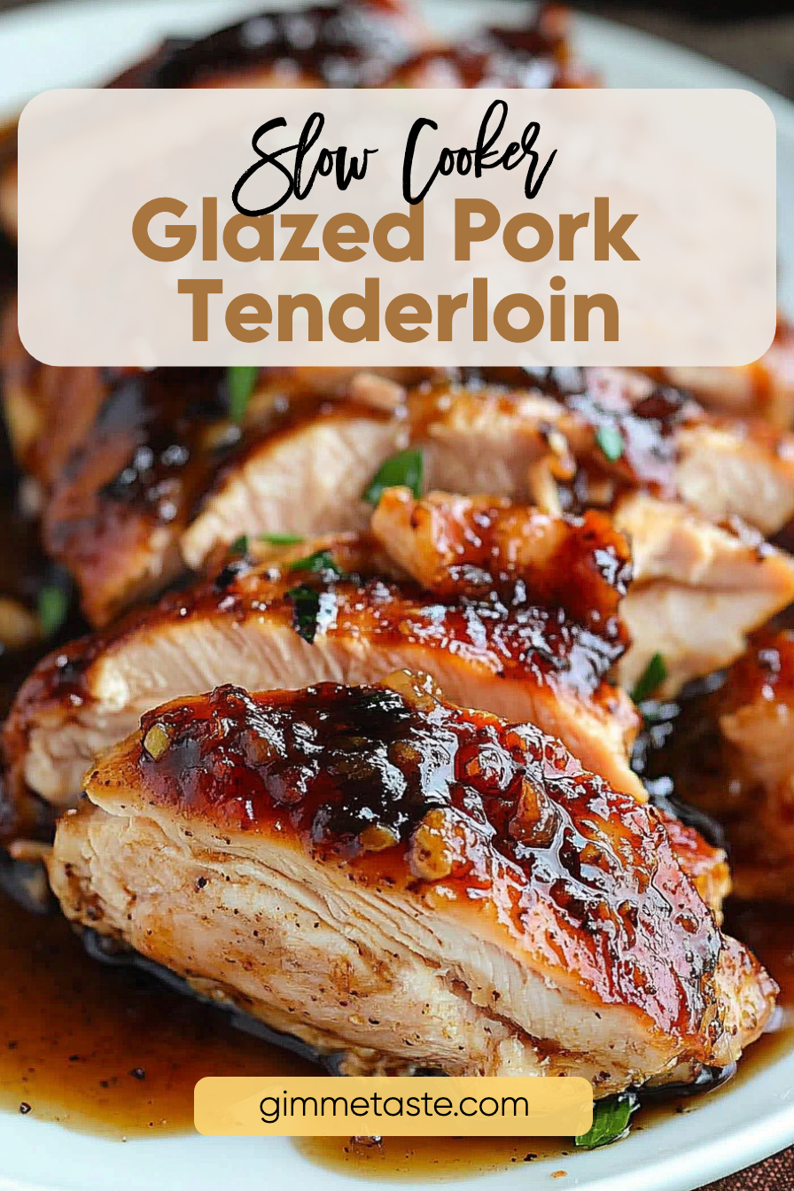 Crockpot Brown Sugar Balsamic Glazed Pork Tenderloin sliced and served, showcasing a caramelized glaze and garnished with fresh herbs.