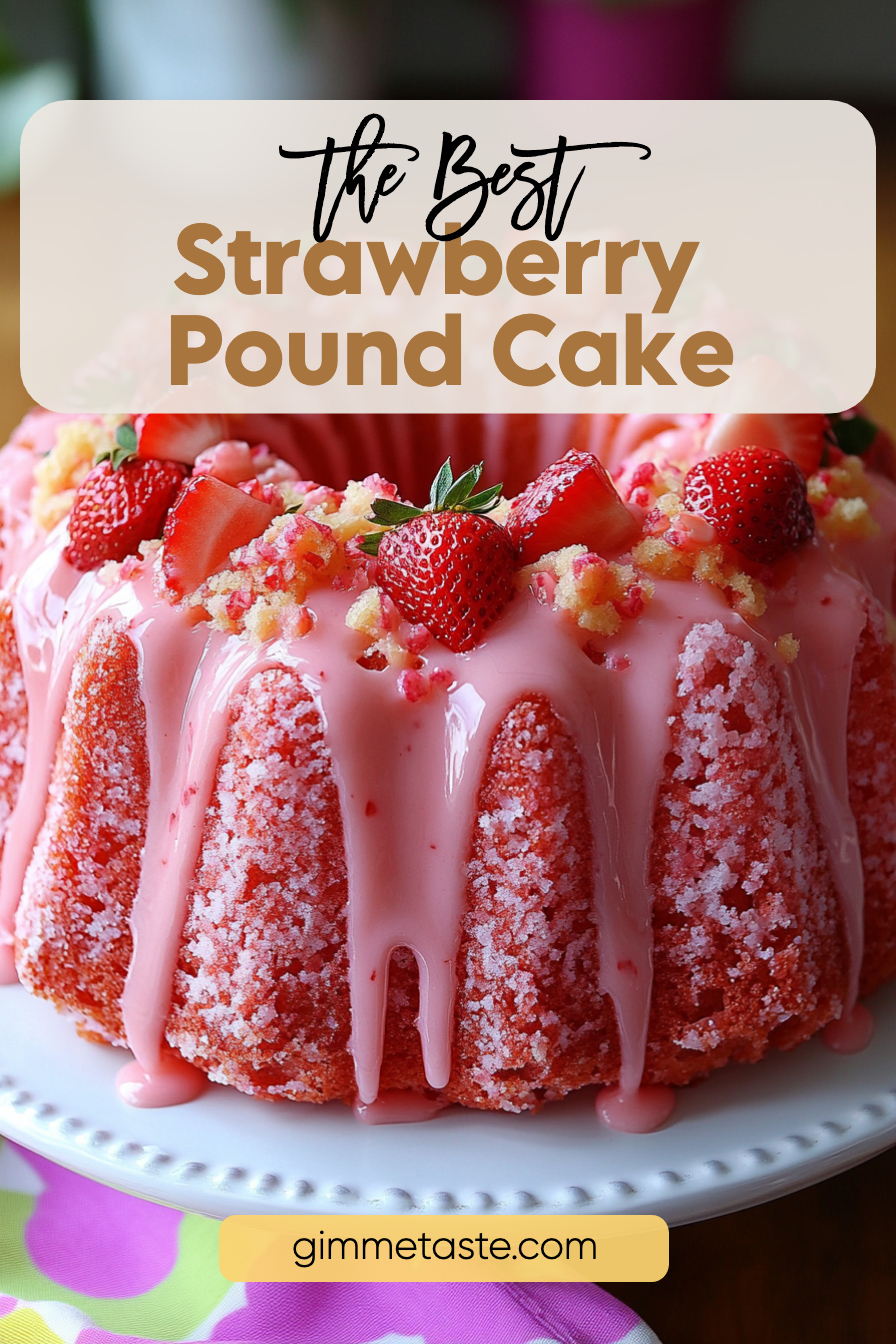 Easy Strawberry Pound Cake topped with a white glaze and fresh strawberries, served on a white platter with a colorful napkin