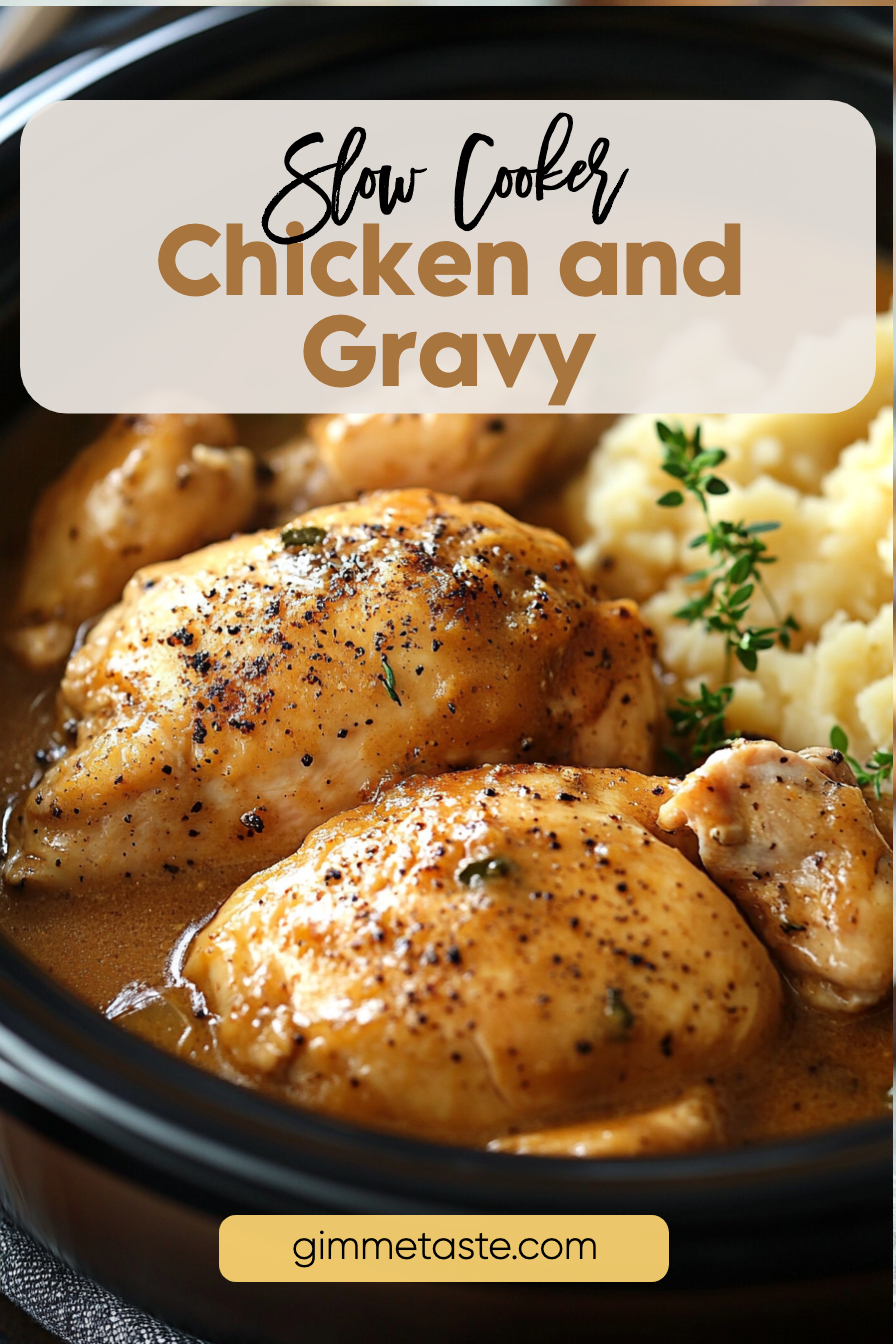 A slow cooker filled with succulent chicken breasts in a rich and creamy gravy, garnished with fresh thyme, served alongside mashed potatoes.