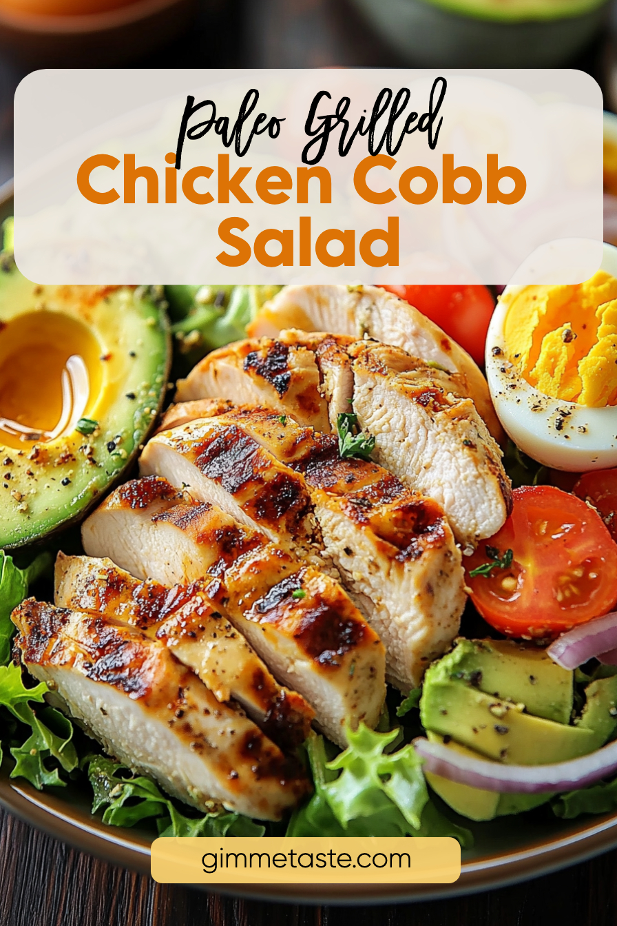 A delicious Paleo Grilled Chicken Cobb Salad featuring sliced grilled chicken, avocado, cherry tomatoes, red onion rings, hard-boiled eggs, and mixed greens in a dark bowl.