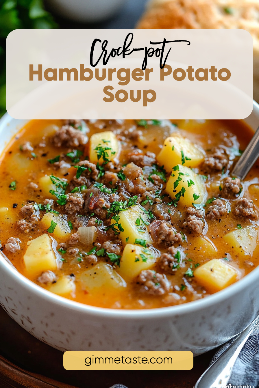 Enjoy a comforting bowl of Crock Pot Hamburger Potato Soup, featuring ground beef, creamy potatoes, and rich broth. Easy to prepare and perfect for any family dinner!