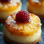 Mini Pineapple Upside-Down Cheesecakes with caramel drizzle, a cherry on top, and a dusting of powdered sugar on a gray surface.