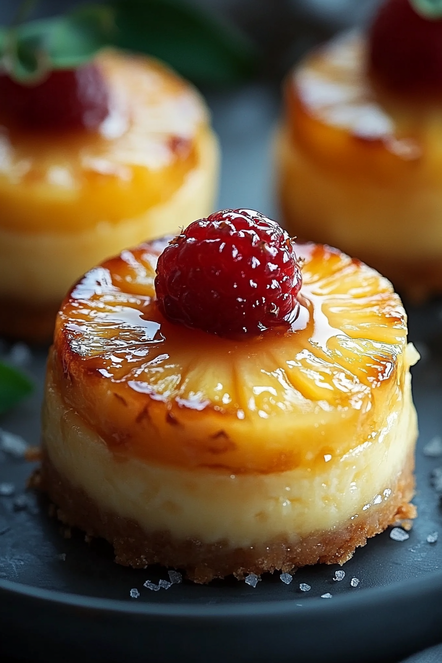 Mini Pineapple Upside-Down Cheesecakes with caramel drizzle, a cherry on top, and a dusting of powdered sugar on a gray surface.