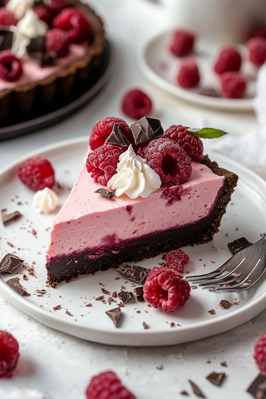 Chocolate Raspberry Mousse Cake decorated with whole raspberries and dark chocolate shavings on a ceramic plate, highlighting the vivid pink mousse and dense chocolate base.