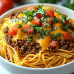 Taco Spaghetti served hot, topped with melted cheddar and Monterey Jack cheese, garnished with fresh cilantro and avocado slices.