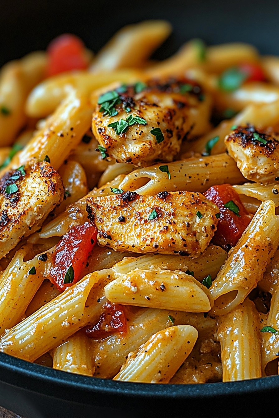 A close-up of Sophisticated Creamy Cajun Chicken Penne in a skillet, showcasing the creamy sauce coating the pasta and chicken, garnished with fresh parsley.