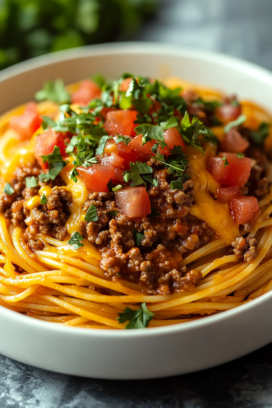 Taco Spaghetti served hot, topped with melted cheddar and Monterey Jack cheese, garnished with fresh cilantro and avocado slices.