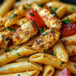 A close-up of Sophisticated Creamy Cajun Chicken Penne in a skillet, showcasing the creamy sauce coating the pasta and chicken, garnished with fresh parsley.