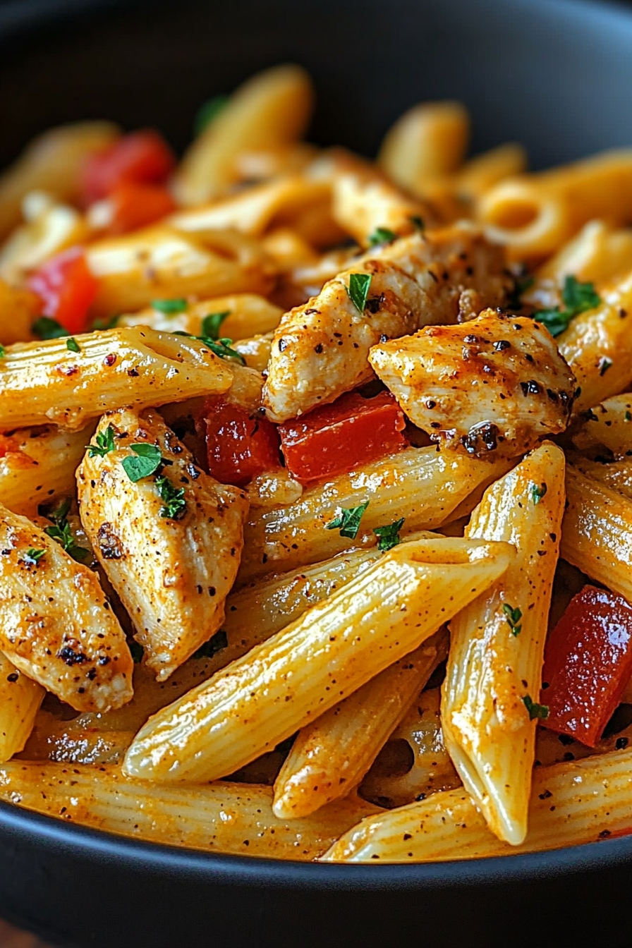 A close-up of Sophisticated Creamy Cajun Chicken Penne in a skillet, showcasing the creamy sauce coating the pasta and chicken, garnished with fresh parsley.