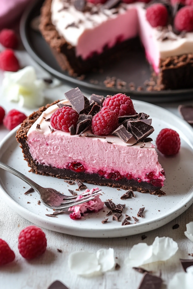 Chocolate Raspberry Mousse Cake decorated with whole raspberries and dark chocolate shavings on a ceramic plate, highlighting the vivid pink mousse and dense chocolate base.