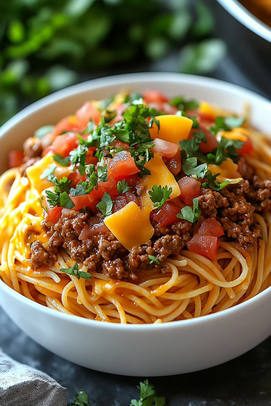 Taco Spaghetti served hot, topped with melted cheddar and Monterey Jack cheese, garnished with fresh cilantro and avocado slices.