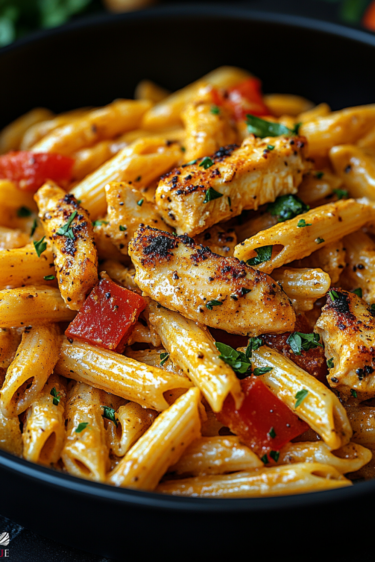 A close-up of Sophisticated Creamy Cajun Chicken Penne in a skillet, showcasing the creamy sauce coating the pasta and chicken, garnished with fresh parsley.