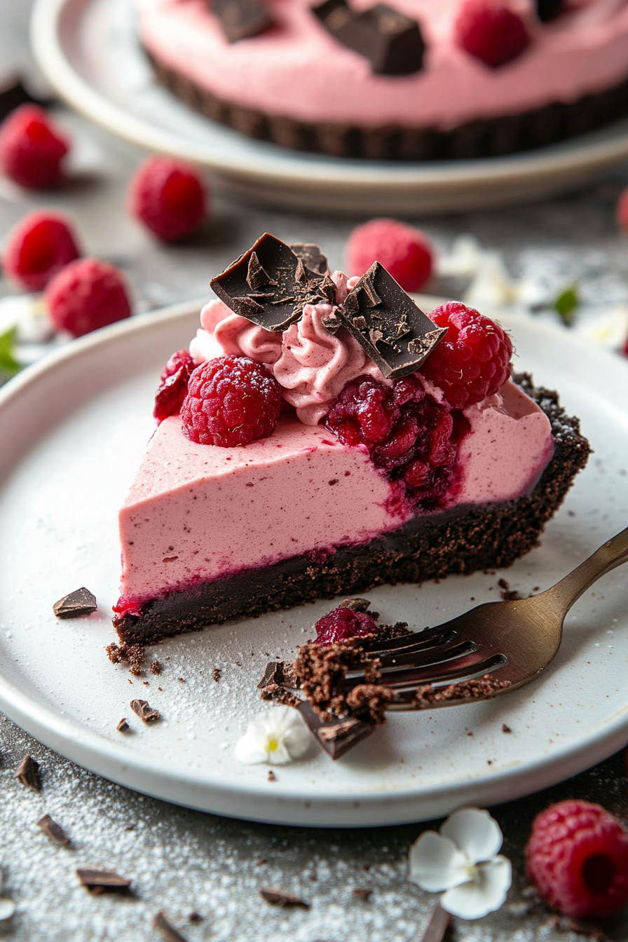 Chocolate Raspberry Mousse Cake decorated with whole raspberries and dark chocolate shavings on a ceramic plate, highlighting the vivid pink mousse and dense chocolate base.