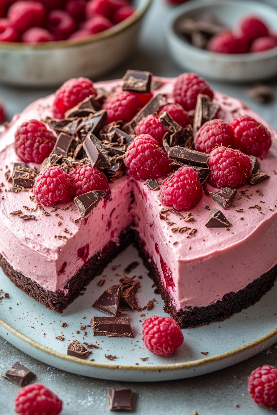 Chocolate Raspberry Mousse Cake decorated with whole raspberries and dark chocolate shavings on a ceramic plate, highlighting the vivid pink mousse and dense chocolate base.