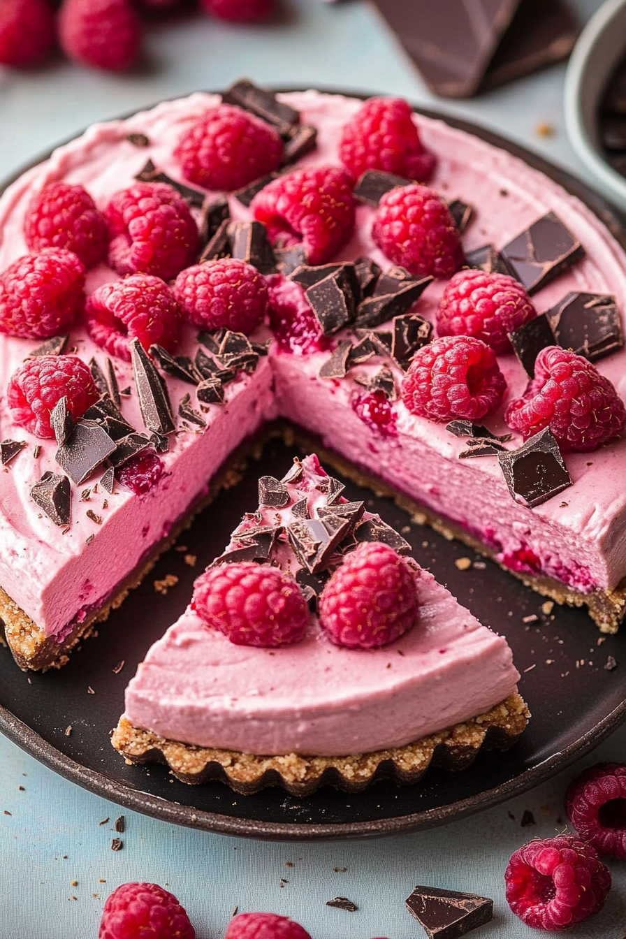 Chocolate Raspberry Mousse Cake decorated with whole raspberries and dark chocolate shavings on a ceramic plate, highlighting the vivid pink mousse and dense chocolate base.