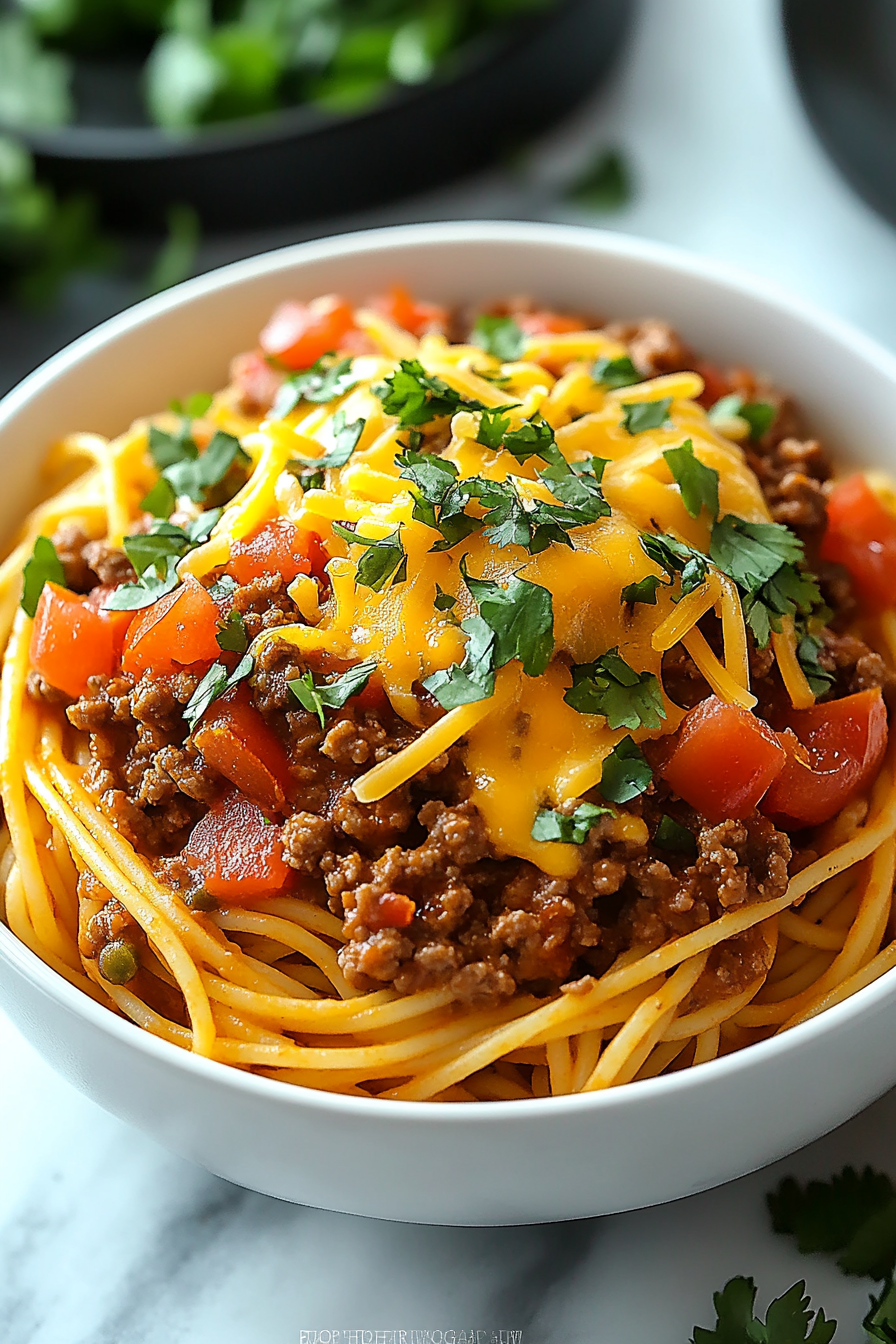 Taco Spaghetti served hot, topped with melted cheddar and Monterey Jack cheese, garnished with fresh cilantro and avocado slices.