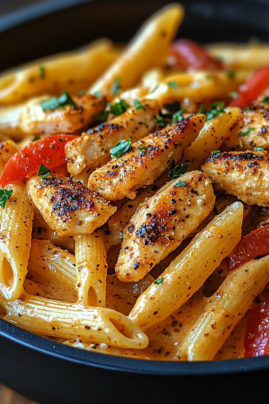 A close-up of Sophisticated Creamy Cajun Chicken Penne in a skillet, showcasing the creamy sauce coating the pasta and chicken, garnished with fresh parsley.