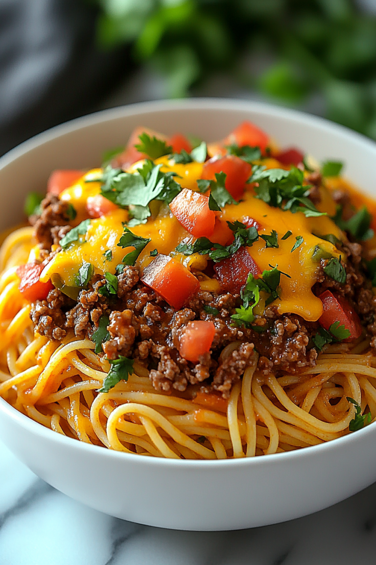 Taco Spaghetti served hot, topped with melted cheddar and Monterey Jack cheese, garnished with fresh cilantro and avocado slices.