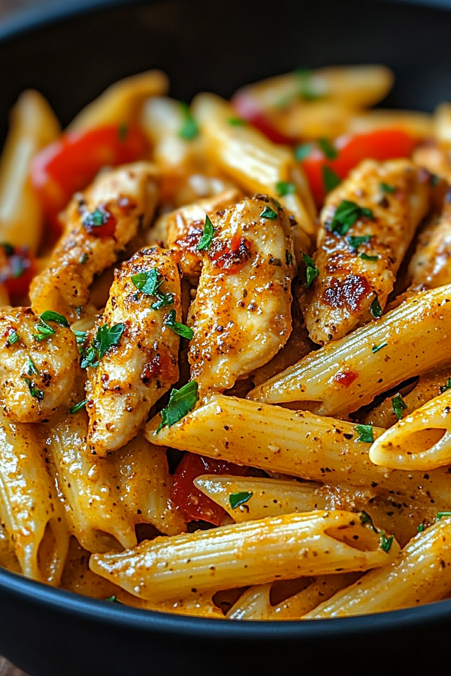 A close-up of Sophisticated Creamy Cajun Chicken Penne in a skillet, showcasing the creamy sauce coating the pasta and chicken, garnished with fresh parsley.