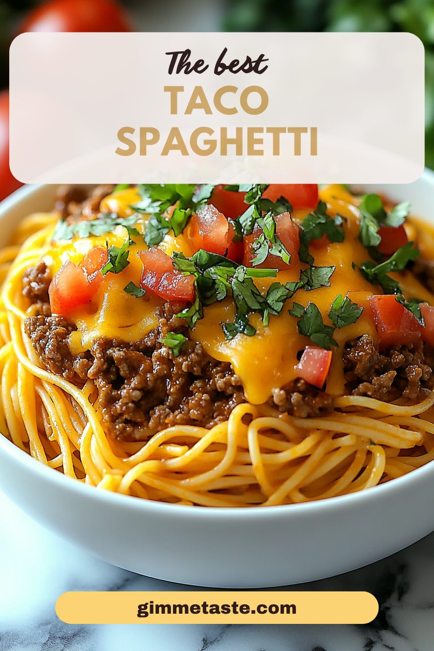 Taco Spaghetti served hot, topped with melted cheddar and Monterey Jack cheese, garnished with fresh cilantro and avocado slices.