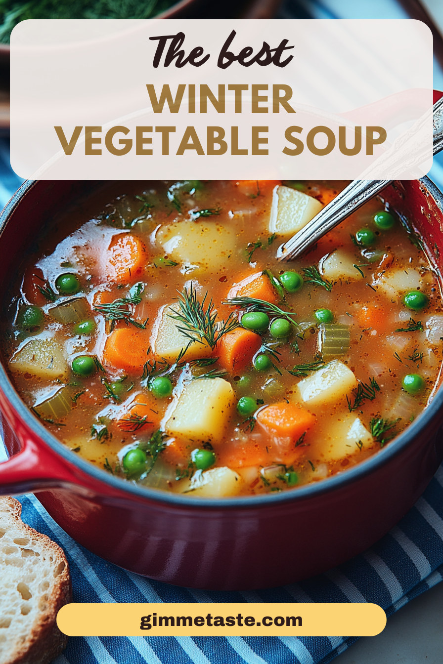 A pot of "Winter Best Vegetable Soup" filled with diced carrots, peas, potatoes, and fresh dill, served in a red pot alongside slices of bread, capturing the essence of a nourishing winter meal.