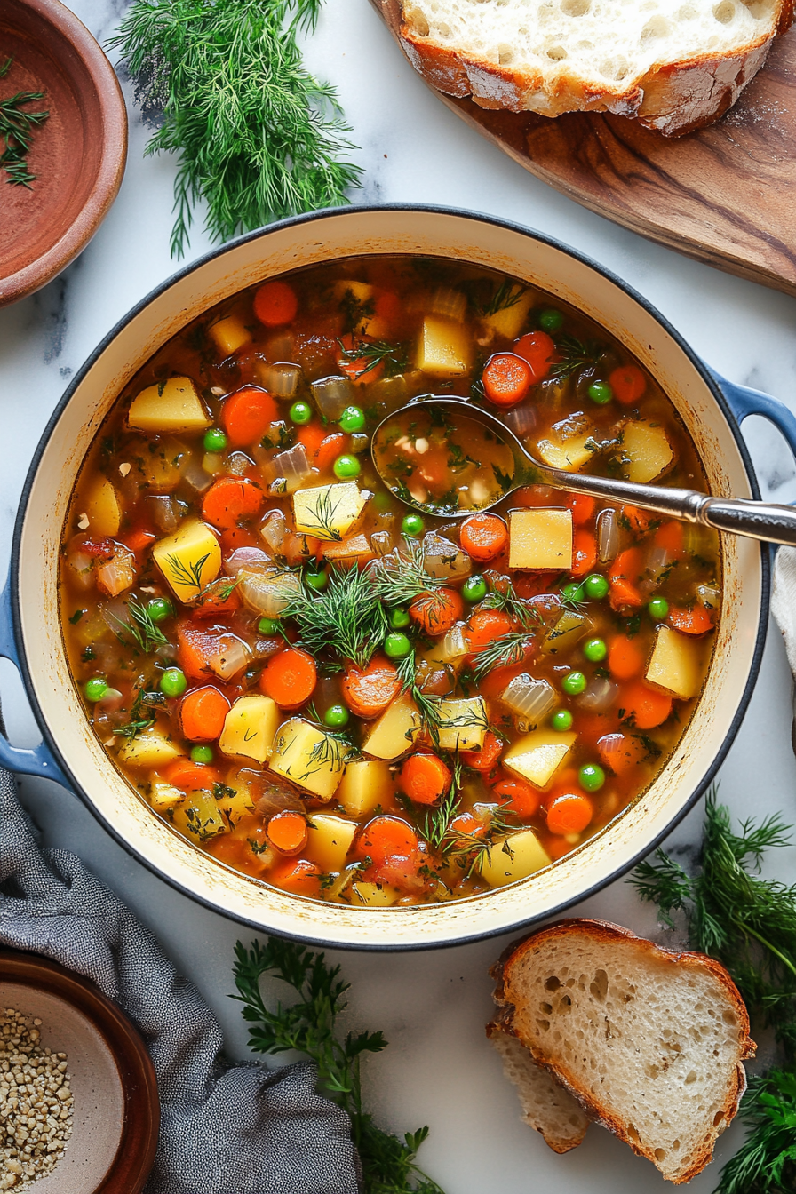 A pot of "Winter Best Vegetable Soup" filled with diced carrots, peas, potatoes, and fresh dill, served in a red pot alongside slices of bread, capturing the essence of a nourishing winter meal.