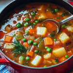 A pot of "Winter Best Vegetable Soup" filled with diced carrots, peas, potatoes, and fresh dill, served in a red pot alongside slices of bread, capturing the essence of a nourishing winter meal.