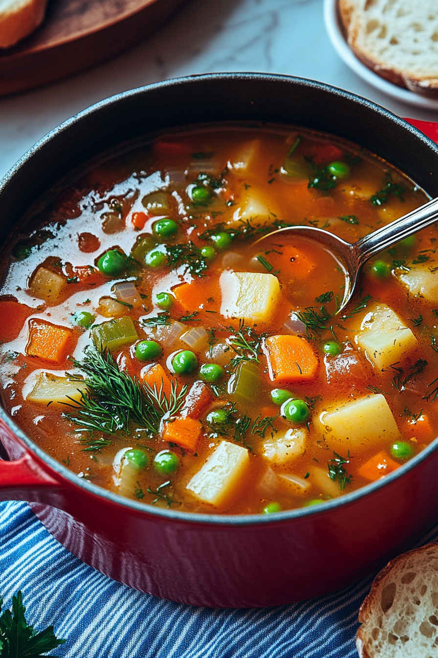 A pot of "Winter Best Vegetable Soup" filled with diced carrots, peas, potatoes, and fresh dill, served in a red pot alongside slices of bread, capturing the essence of a nourishing winter meal.